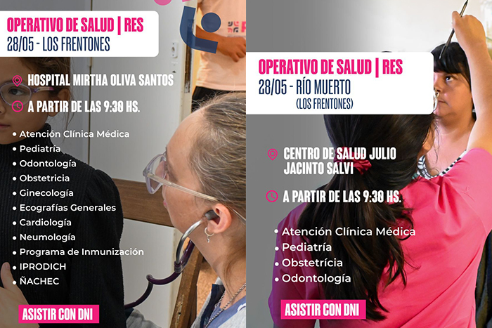 El operativo de salud RES llega este jueves a Los Frentones y Río Muerto El operativo de salud RES llega este jueves a Los Frentones y Río Muerto