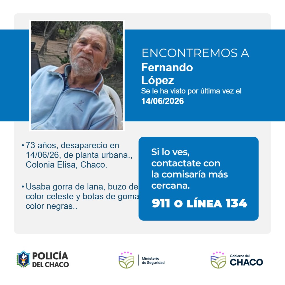 Buscan intensamente a un hombre de 73 años desaparecido en Colonia Elisa Buscan intensamente a un hombre de 73 años desaparecido en Colonia Elisa