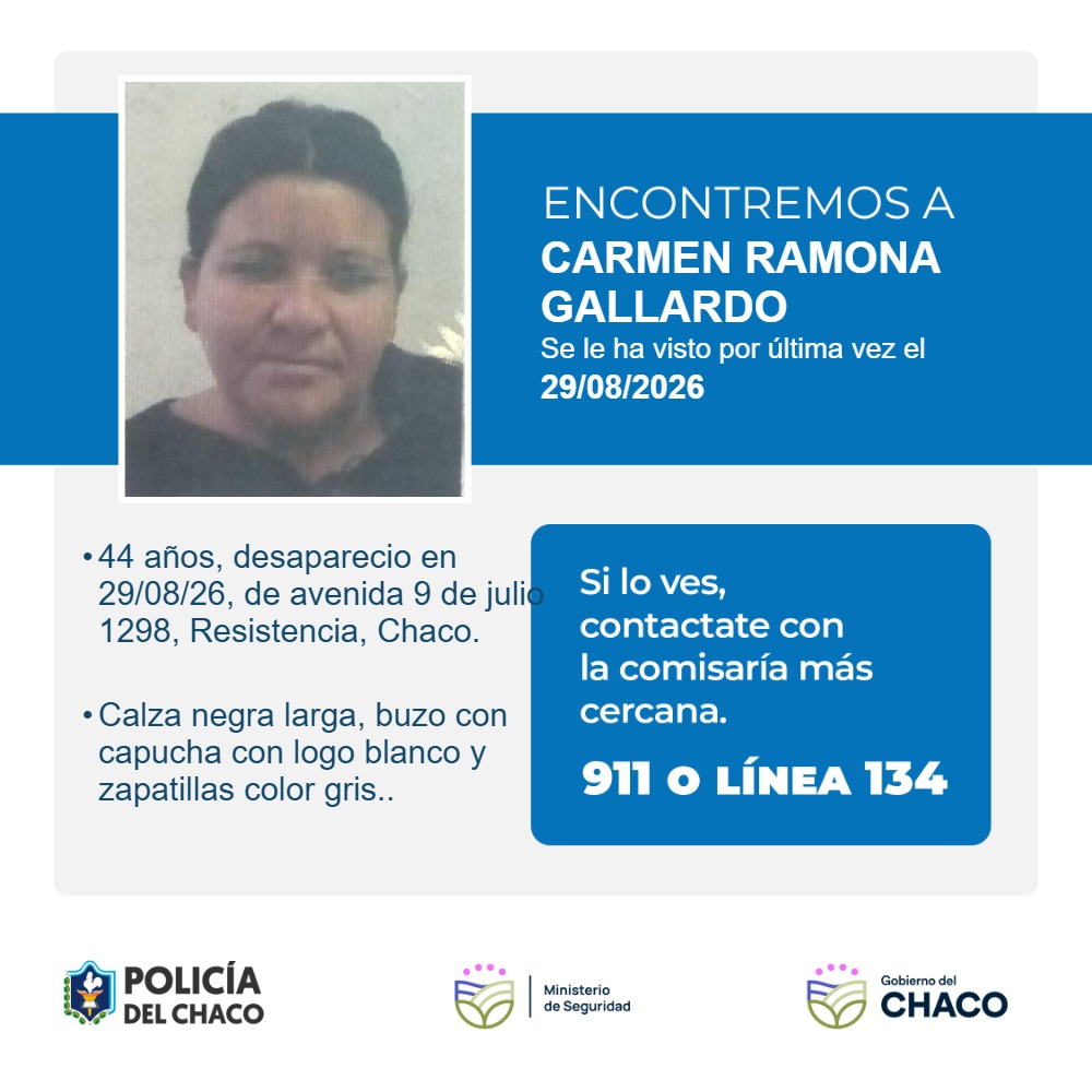 Solicitan colaboración para encontrar a una mujer desaparecida desde el sábado en Resistencia Solicitan colaboración para encontrar a una mujer desaparecida desde el sábado en Resistencia