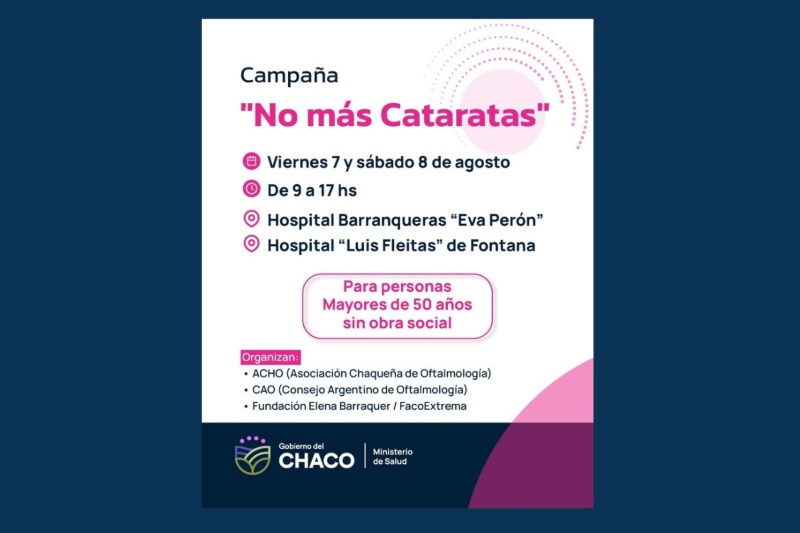 La campaña “No más cataratas” estará este viernes y sábado en los hospitales de Barranqueras y Fontana La campaña “No más cataratas” estará este viernes y sábado en los hospitales de Barranqueras y Fontana