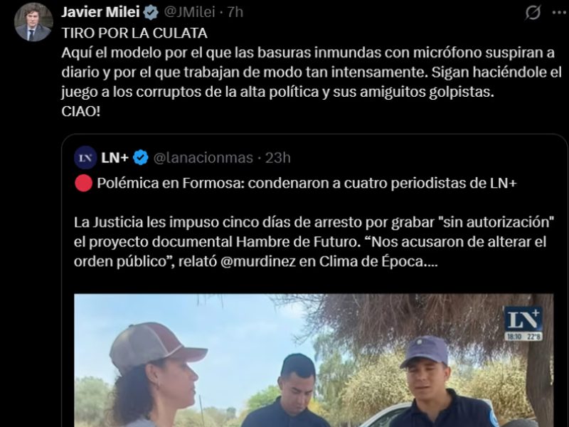 Milei festejó una condena contra periodistas en Formosa Milei festejó una condena contra periodistas en Formosa